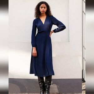 Babaton Navy Wrap Midi Dress with Long Sleeves